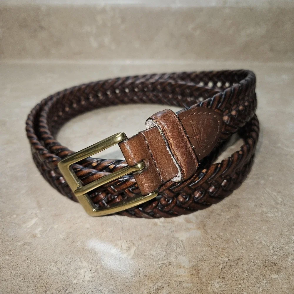 Dockers Bonded Braid Leather Strap‎ Belt Men 44/110 Brown Brass Tone Buckle